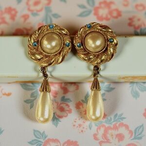 Two Sisters Post Earrings Signed Faux Pearls Baroque Golden Signed Vintage MCM